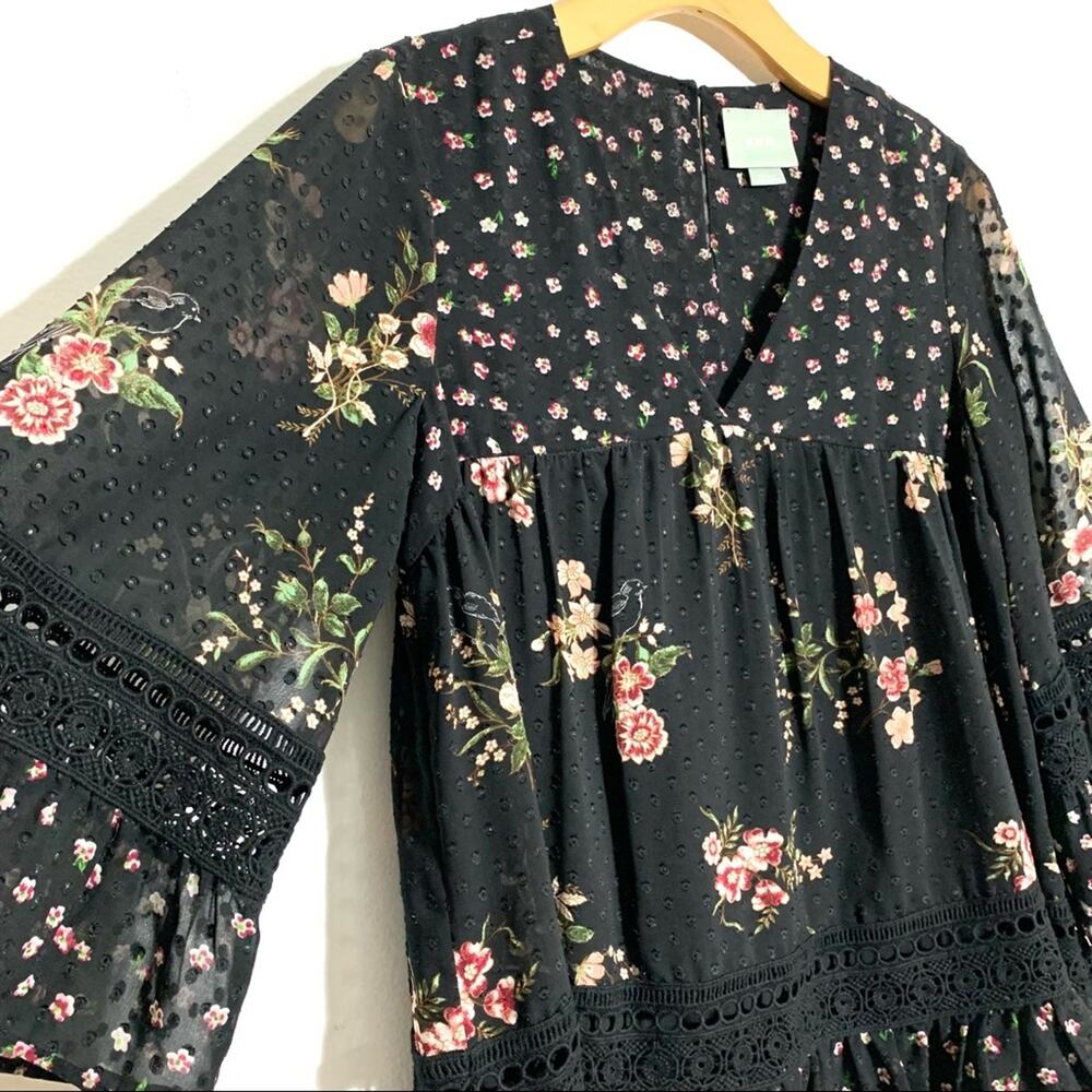 Anthropologie Maeve Steffy Floral Bohemian Babydoll Black Ruffled Blouse size S - Picture 7 of 14